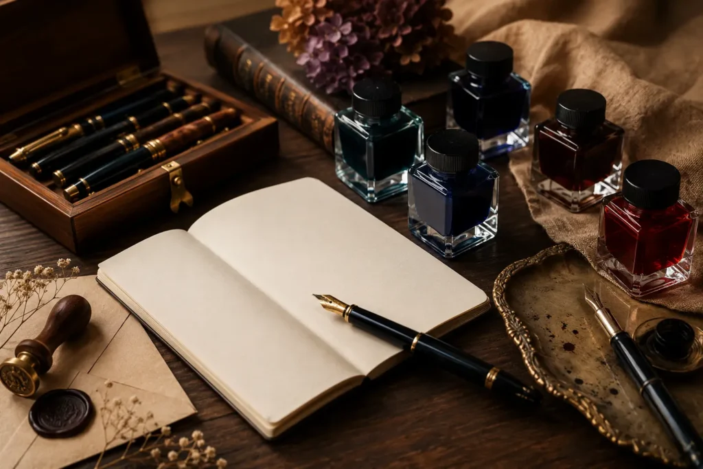 Quaderno aperto con penna stilografica e boccette di inchiostro colorato su una scrivania in legno, simbolo della psicologia dei colori nella scrittura.